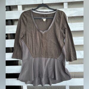 Meadow Rue Womens Top M Brown Green Crochet Lace 3/4 Sleeve Peplum Anthropologie